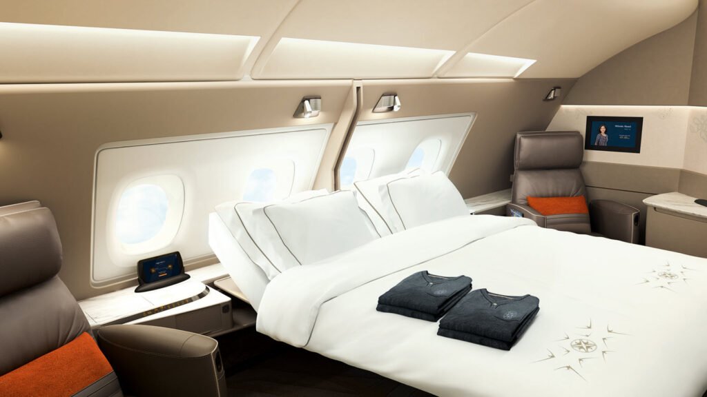 Suite avec lit double dans un Airbus A380 de la compagnie aérienne Singapore Airlines