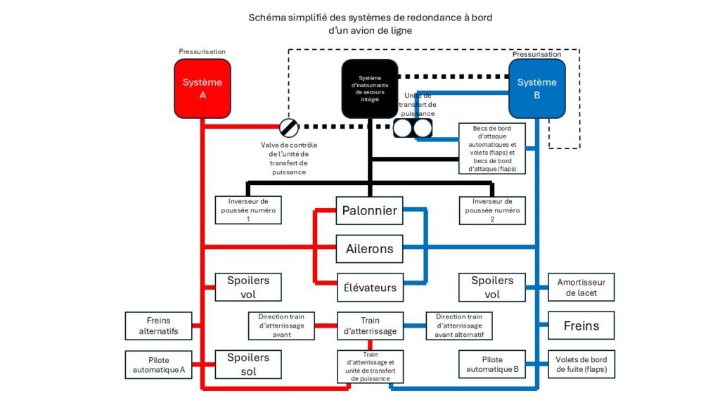 Schéma simplifié des différents systèmes de secours et de redondance à bord d'un avion de ligne